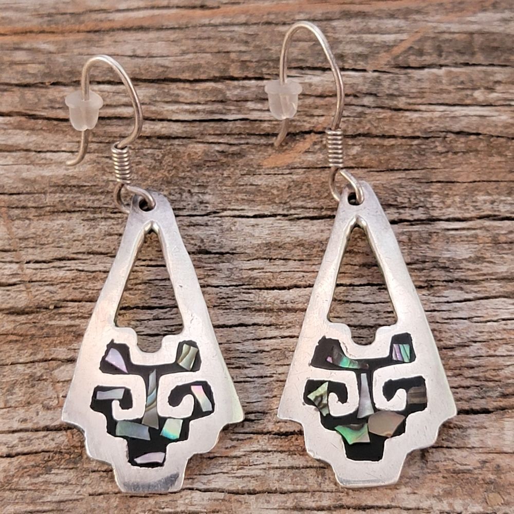 Vintage Sterling Inlaid Abalone Drop Dangle Earrings